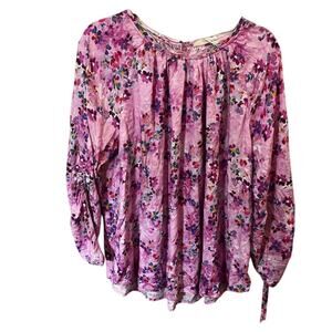Soft Surroundings Women's 1X Pink Floral Blouse Ruched Tie Sleeve Watercolor